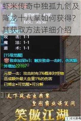 虾米传奇中独孤九剑及降龙十八掌如何获得?其获取方法详细介绍